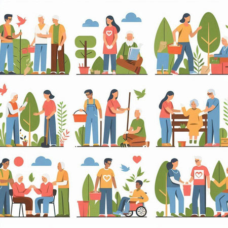 Elderly people in the garden. Flat style vector illustration.のイラスト素材