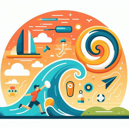Vector illustration of a boy playing sports on the beach. Flat style.のイラスト素材