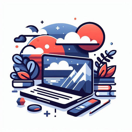 Laptop with cloud computing concept. Vector illustration in line art styleのイラスト素材