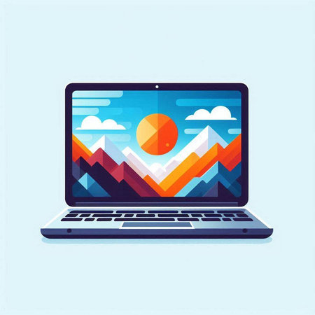 Laptop with mountains and sun on screen. Flat style vector illustration.のイラスト素材