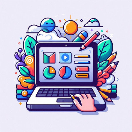 Vector illustration of Laptop computer with icons on colorful background. Line art design for web, site, advertising, banner, poster, board and print.のイラスト素材