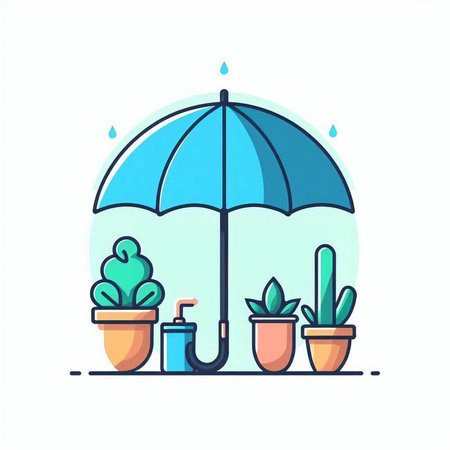 Umbrella and potted plants. Vector illustration in flat styleのイラスト素材