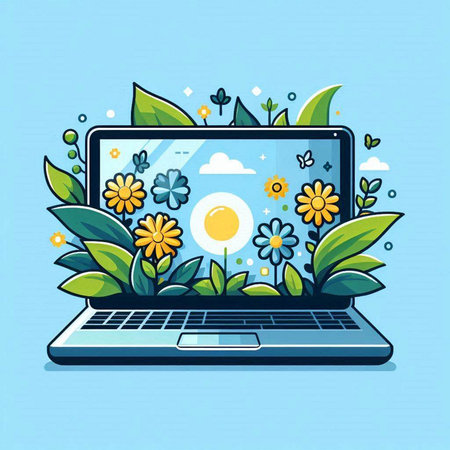 Laptop with flowers and sun in the screen. Vector illustration.のイラスト素材