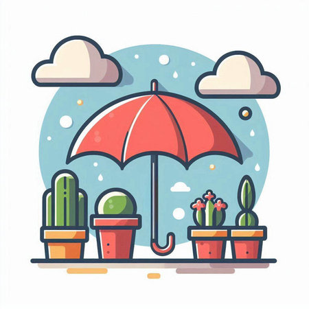 Illustration of Cactus with Umbrella in Flat Style. Vectorのイラスト素材