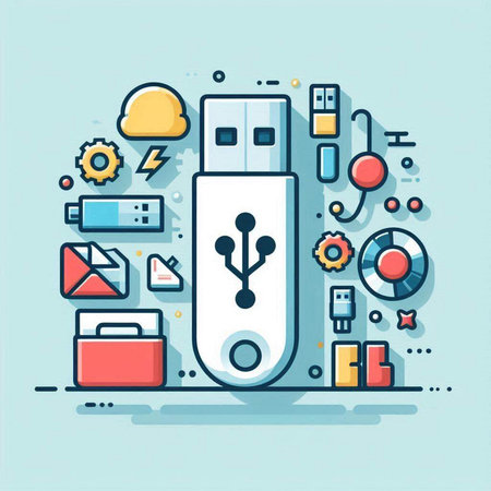Vector illustration in thin line style - USB flash drive, computer hardware and accessories.のイラスト素材