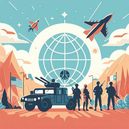 Military vehicles on the background of the world map. Flat vector illustration.のイラスト素材