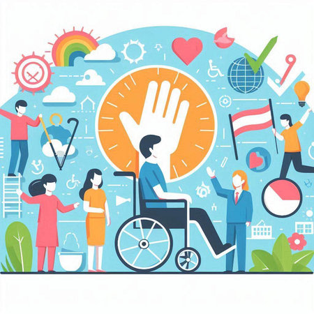 Handicapped man in a wheelchair with people around him. Vector illustration.のイラスト素材