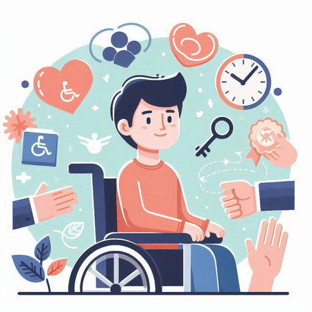 Handicapped man in wheelchair vector illustration. Handicapped male character with disability in wheelchair flat style.のイラスト素材