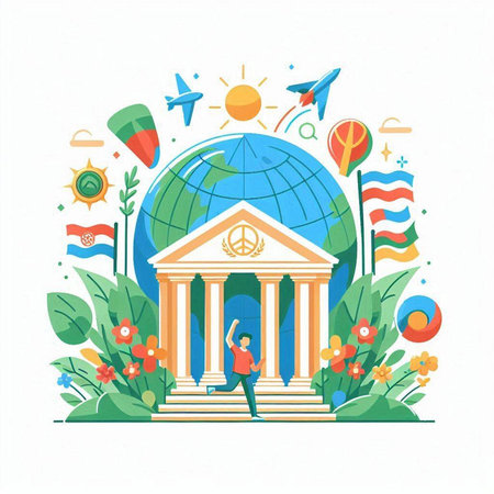 Vector illustration of a girl on the background of the globe with flags of different countries.のイラスト素材