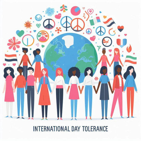 International Day of Peace banner with people and peace symbols. Vector illustration.のイラスト素材