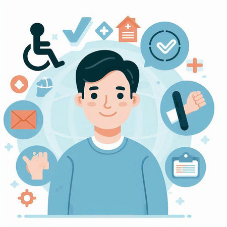 Young man with social media icons. Vector illustration in flat style.のイラスト素材