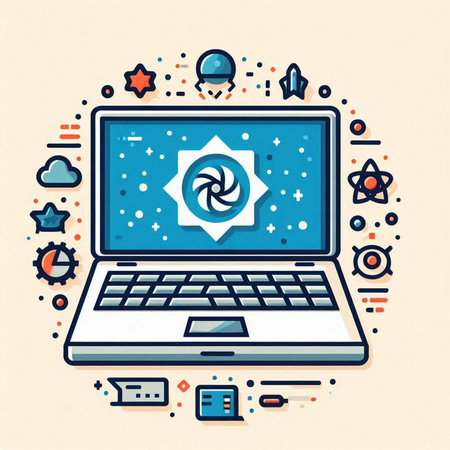 Laptop with science and technology icons in thin line style. Modern vector illustration.のイラスト素材