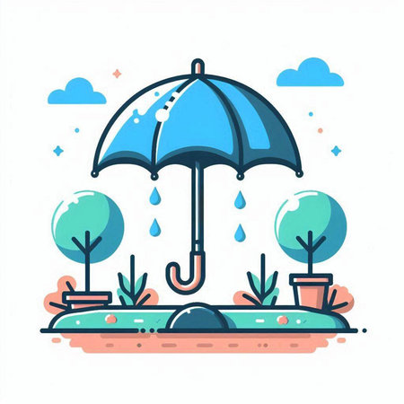 Vector illustration of umbrella with rain drops in the park. Flat line art design.のイラスト素材