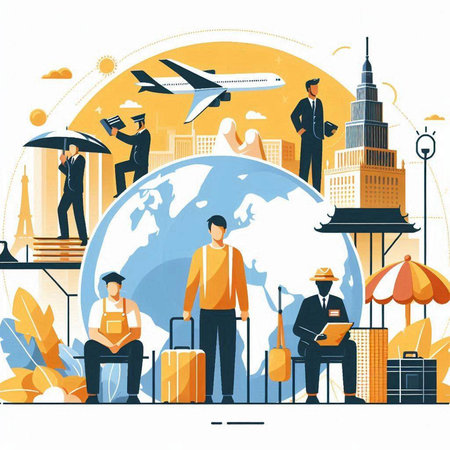 Traveling around the world concept. Flat design vector illustration. Business people characters.のイラスト素材