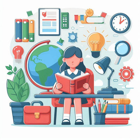 Back to school concept. Vector illustration in flat style. Girl sitting at a desk with a bookのイラスト素材