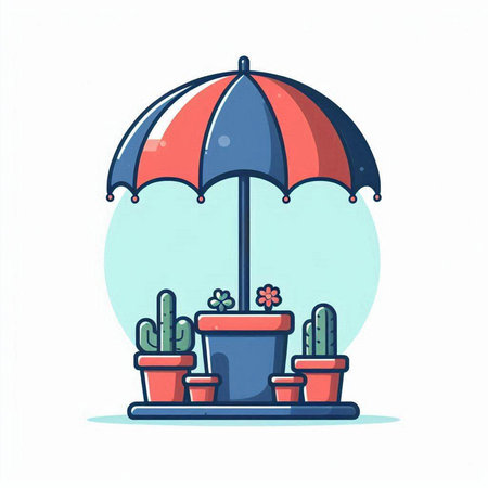 Cactus in a pot and umbrella. Flat style vector illustration.のイラスト素材