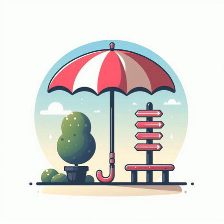Umbrella and tree on the beach. Flat vector illustration.のイラスト素材