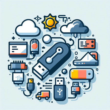 Vector illustration in thin line style - usb flash drive and cloud computingのイラスト素材