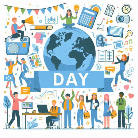 Day of knowledge concept with people around the globe. Vector illustration.のイラスト素材
