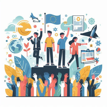 Successful team of business people standing on top of a winners podium. Vector illustrationのイラスト素材