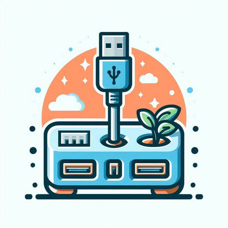 Vector illustration of electric power plug with green plant in pot. Line art design for web, site, advertising, banner, poster, board and print.のイラスト素材