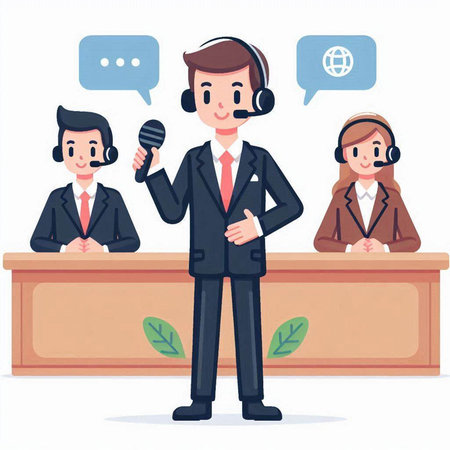Operator in call center. Man and woman in headset. Vector illustration.のイラスト素材