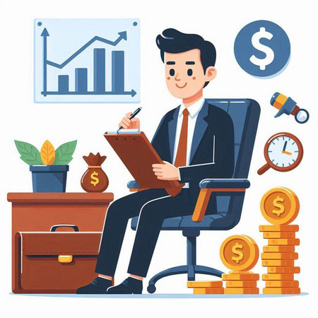 Businessman sitting on chair and writing on clipboard. Cartoon vector illustration.のイラスト素材