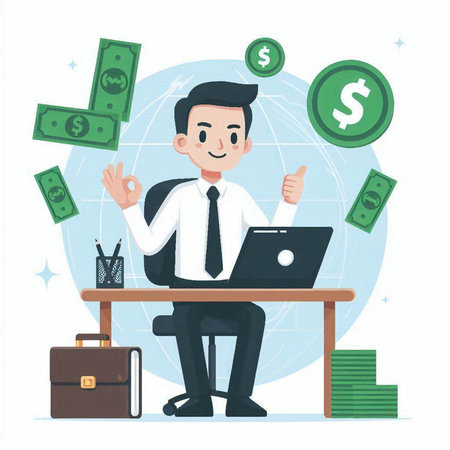 Businessman with laptop and money. Vector illustration in cartoon style.のイラスト素材