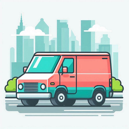 Van on the background of the city. Vector illustration in flat styleのイラスト素材