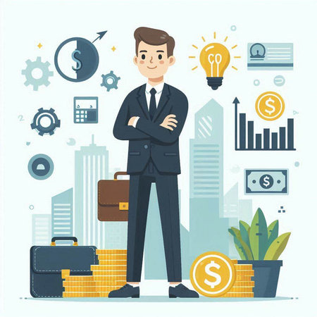 Businessman standing on city background with business icons. Vector illustration.のイラスト素材