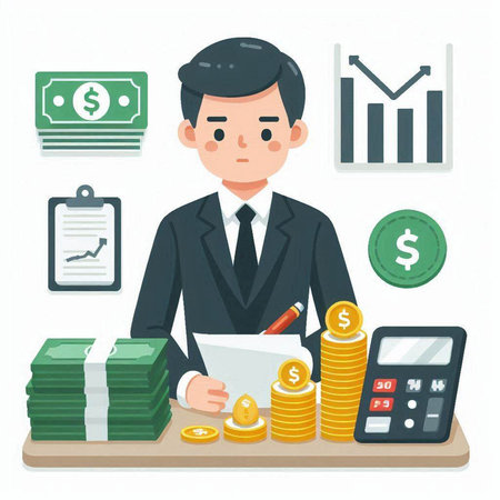 Businessman counting money. Vector illustration in flat style. Business concept.のイラスト素材