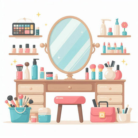Cosmetics on dressing table. Vector illustration in flat cartoon style.のイラスト素材