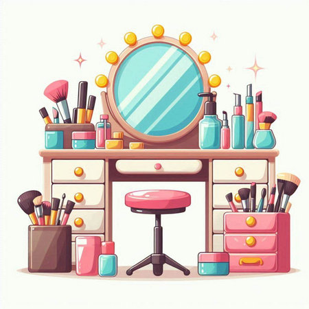 Makeup room with mirror and cosmetics. Vector illustration in cartoon styleのイラスト素材