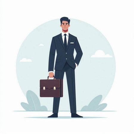 Businessman standing with briefcase. Vector illustration in flat style.のイラスト素材