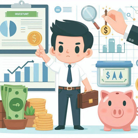 Businessman with piggy bank and money. Vector cartoon illustration.のイラスト素材