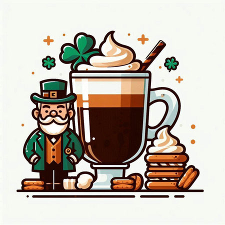 St. Patrick's day vector illustration. Irish coffee, cookies and leprechaunのイラスト素材
