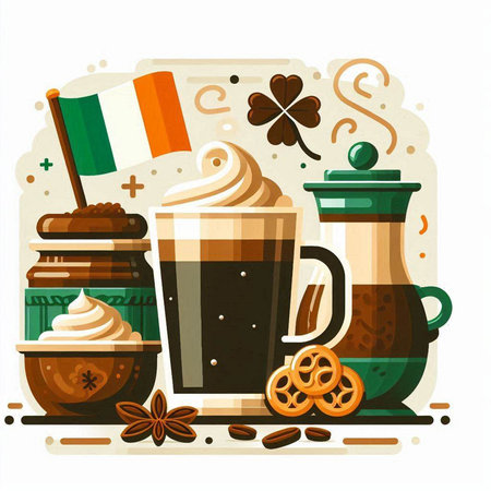 Irish coffee vector illustration. Cappuccino, latte, cappuccino with whipped cream, gingerbread cookies, star anise, cinnamon, coffee pot, Irish flag. Irish holiday symbol.のイラスト素材