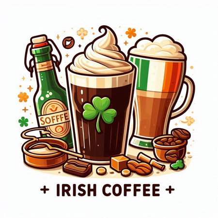Irish coffee vector illustration. Irish traditional drink. Irish coffee, latte, cappuccino, cappuccino, latte, cappuccinoのイラスト素材