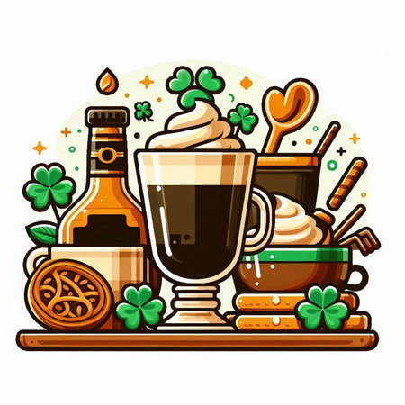 glasses of Irish coffee, clover leaves, leprechaun hat, teapot, beer, gingerbread cookies, horseshoe.のイラスト素材