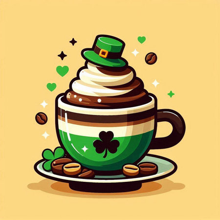 Coffee cup with whipped cream and green hat. Vector illustration.のイラスト素材