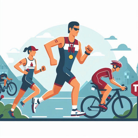 Man and woman in sportswear running on the road. Vector illustrationのイラスト素材