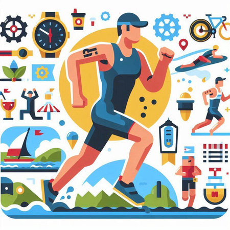 Sportsman running in the park. Vector illustration in flat style.のイラスト素材