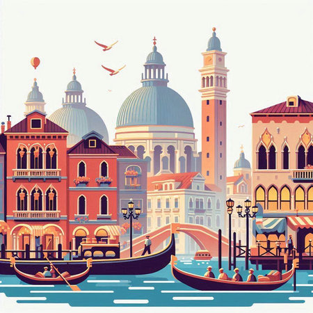 Venice with gondolas and old buildings, Italy. Vector illustration.のイラスト素材