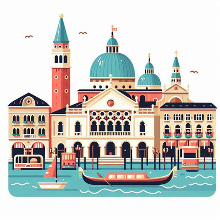 Venice gondolas and Santa Maria della Salute church, vector illustrationのイラスト素材