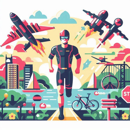 Cycling sport flat vector illustration. Cartoon man in sportswear on background of city landscape.のイラスト素材