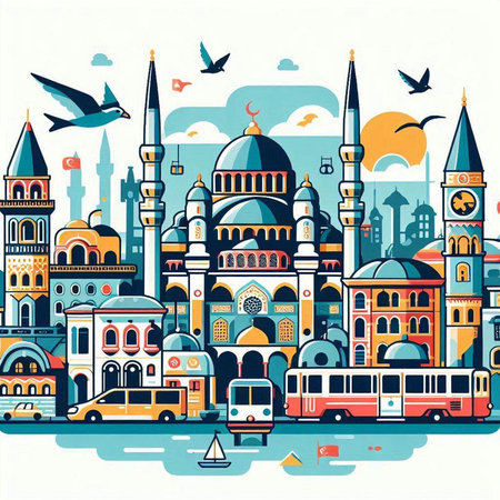 Colorful vector illustration of Istanbul, Turkey. Travel and tourism.のイラスト素材
