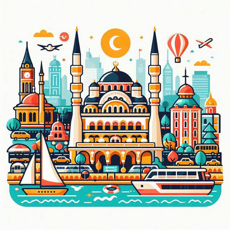 Cityscape of Istanbul, Turkey. Colorful vector illustration in flat styleのイラスト素材