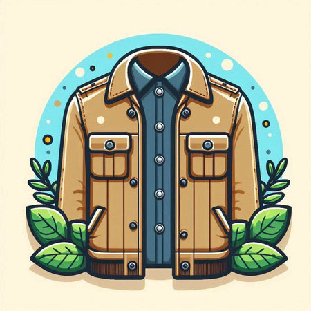 Vector illustration of a jacket on a background of green leaves. Cartoon style.のイラスト素材