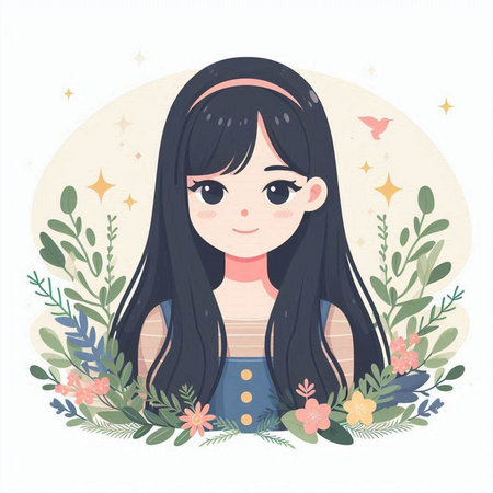 Cute little girl with floral wreath. Vector illustration in cartoon style.のイラスト素材