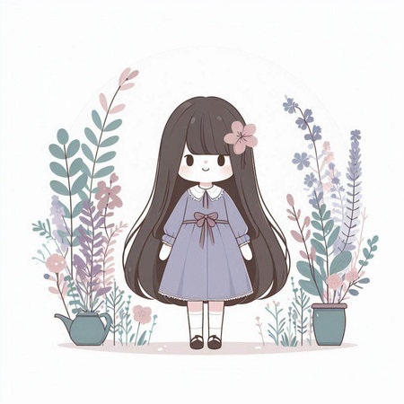 Cute cartoon girl with flowers and plants. Hand drawn vector illustration.のイラスト素材